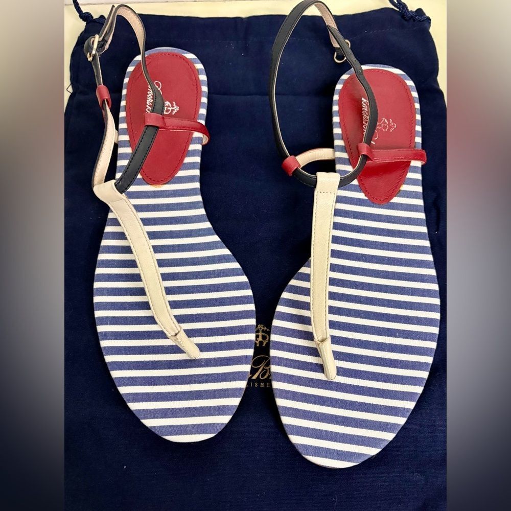 NWT Brooks Brothers Navy Blue striped sandals withGold Logo Dust Bag sz 8.5